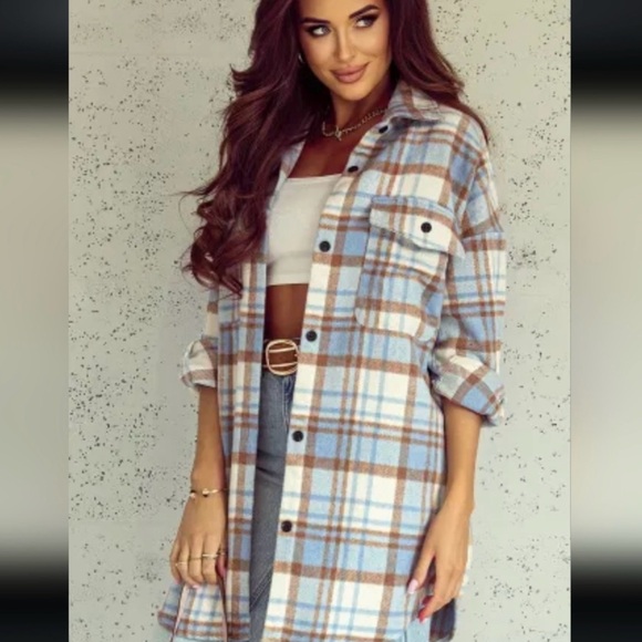 Sky Blue & Beige Long Plaid Shacket NWT - Picture 2 of 14